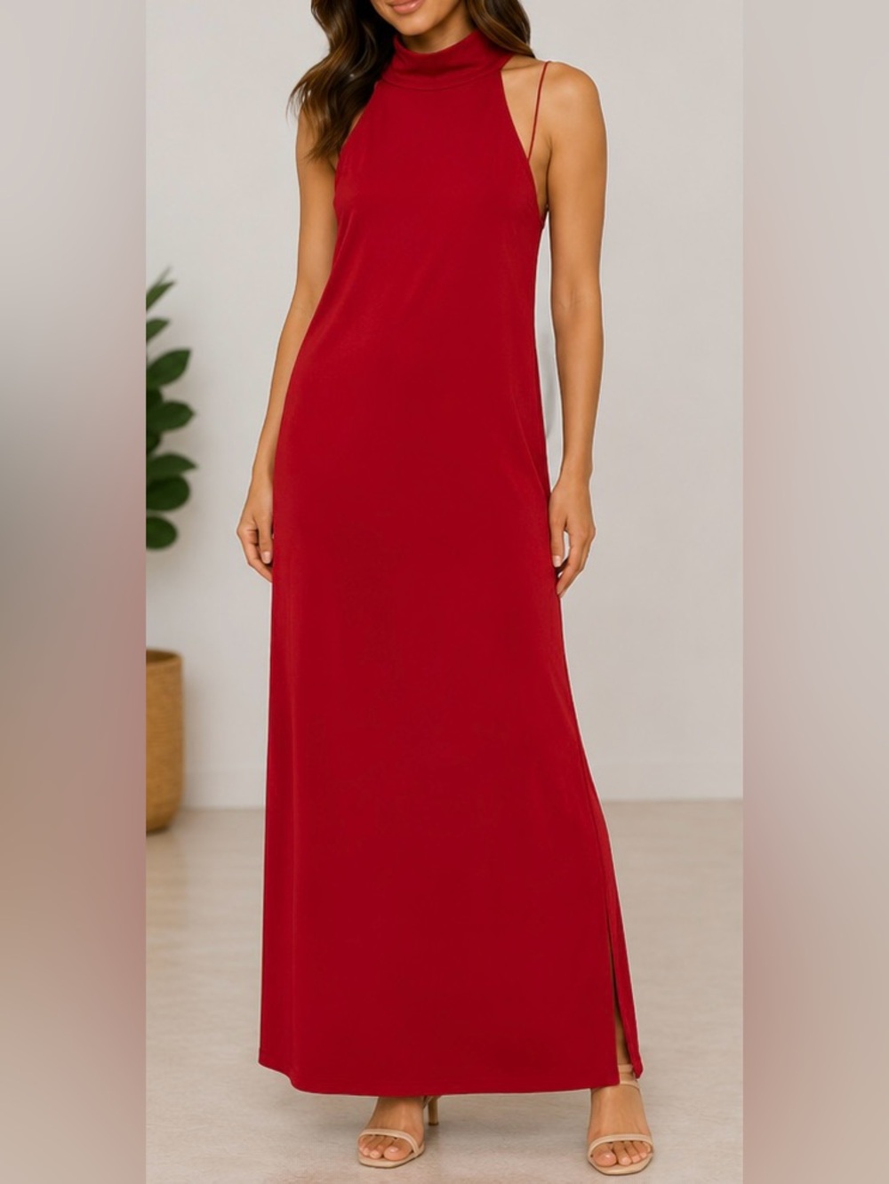 Dynamite Size Small Red Mock Neck Sleeveless Maxi Dress Back Keyhole